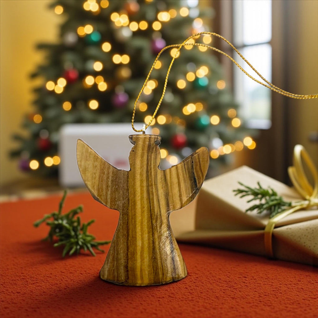 Olive wood angel Christmas tree ornament hand carved can be personalized with name on the front and back.