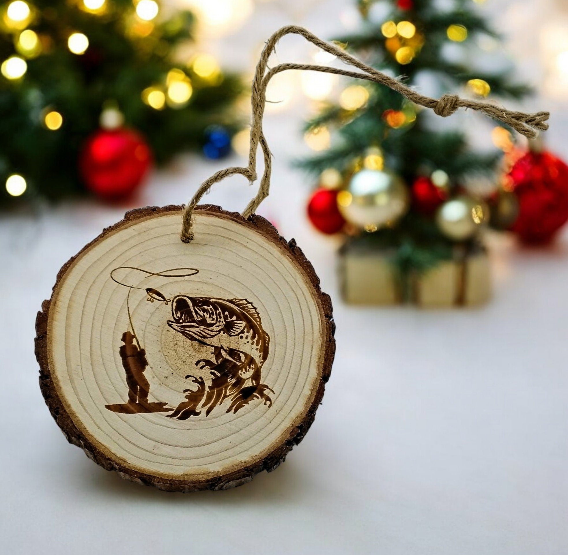 Rainbow trout fishing handmade engraved on natural pine wood slice with the bark great decoration for the Christmas tree comes gift boxed