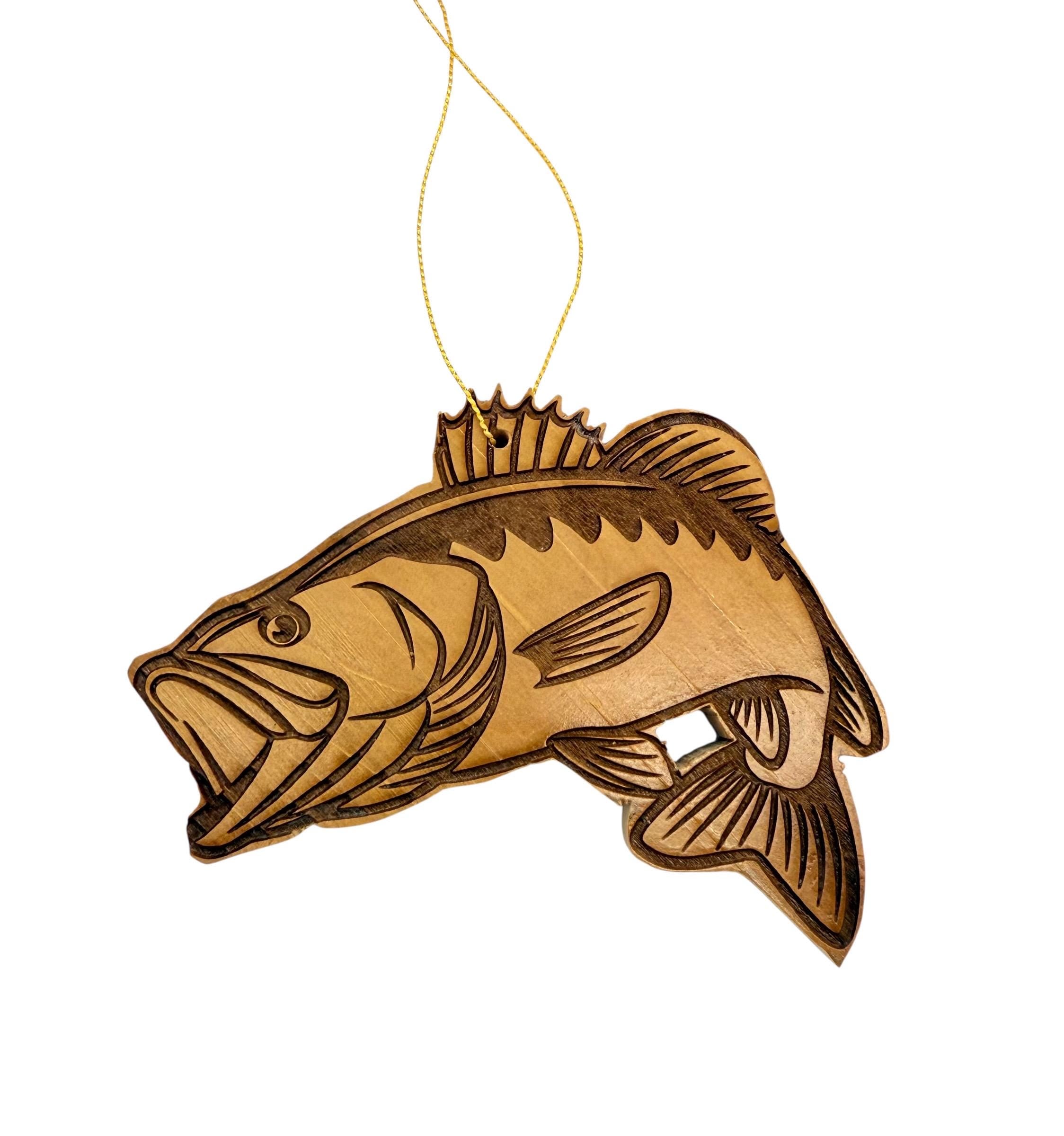 Wooden bass fish Christmas ornament hand crafted from cedar wood fishing gift personalized with your name engraved on the back
