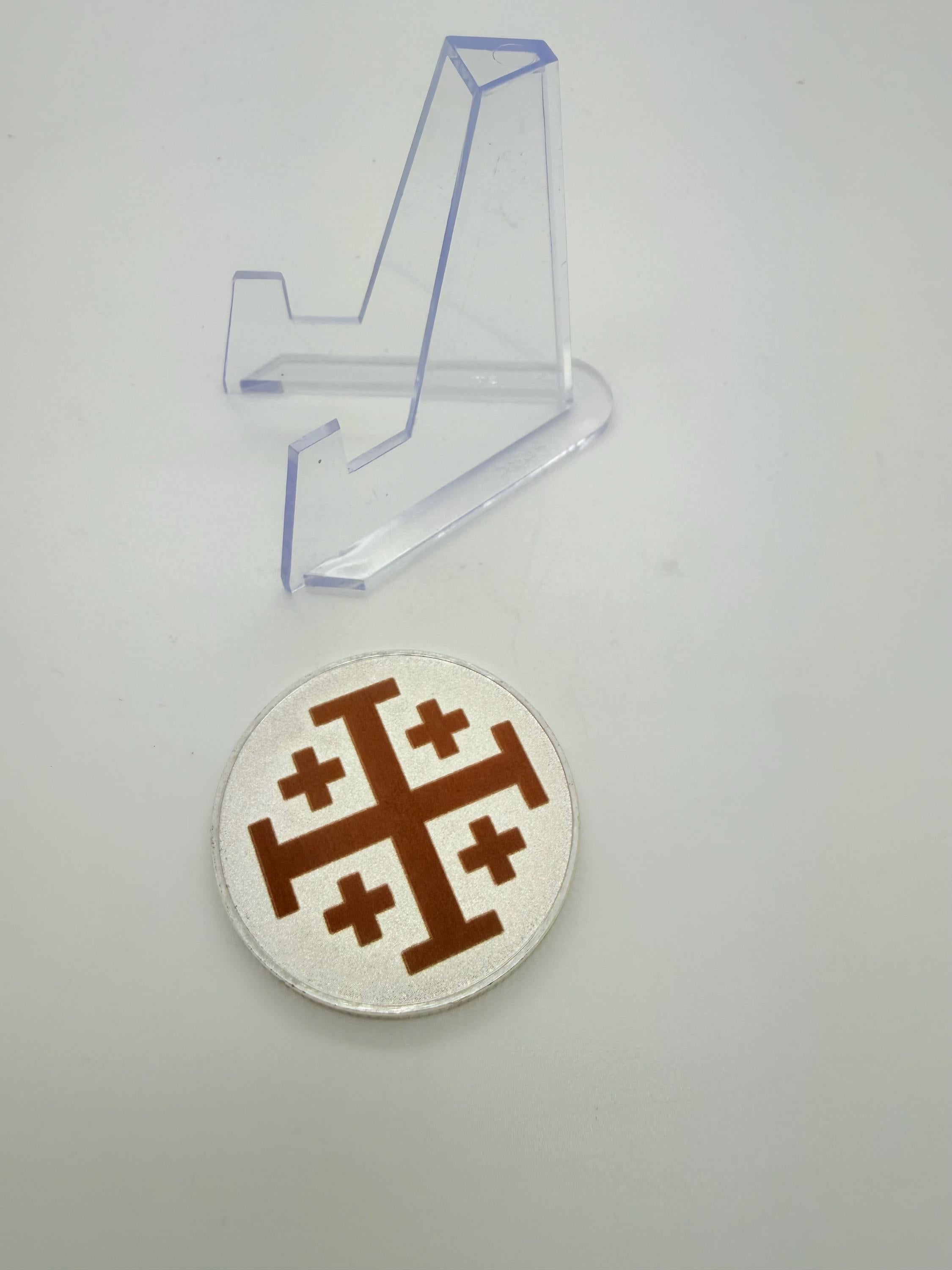 The Jerusalem cross engraved challenge coin made from brass or alloy comes with display stand