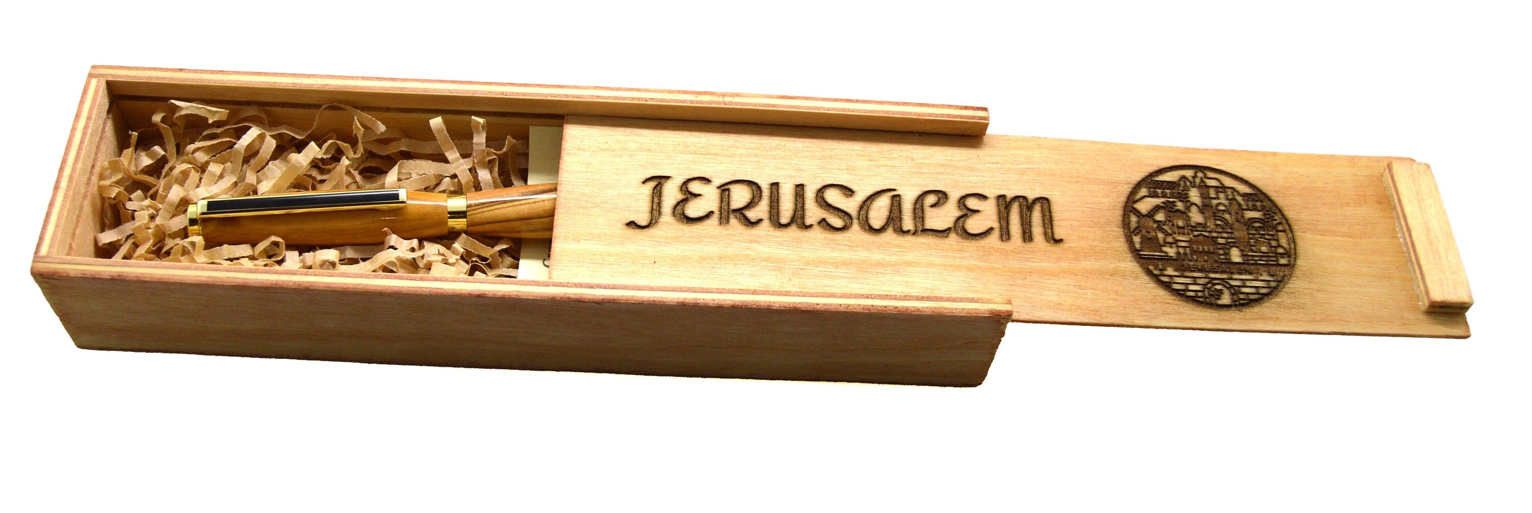 Olive wood from Israel hand turned pen with wooden gift box engraved with the city of Jerusalem