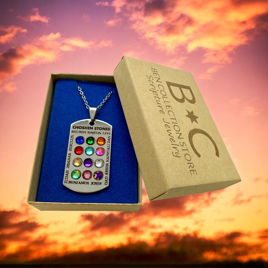 Ephod Hoshen Breastplate 12 Tribes Israel Pendant engraved in English with Rhinestones Stainless Steel 20” Necklace