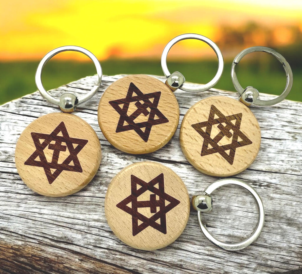 Star of David with the cross set of 4 wooden keychains with The Star Of David with the cross Key Holder wooden engraved on both sides.
