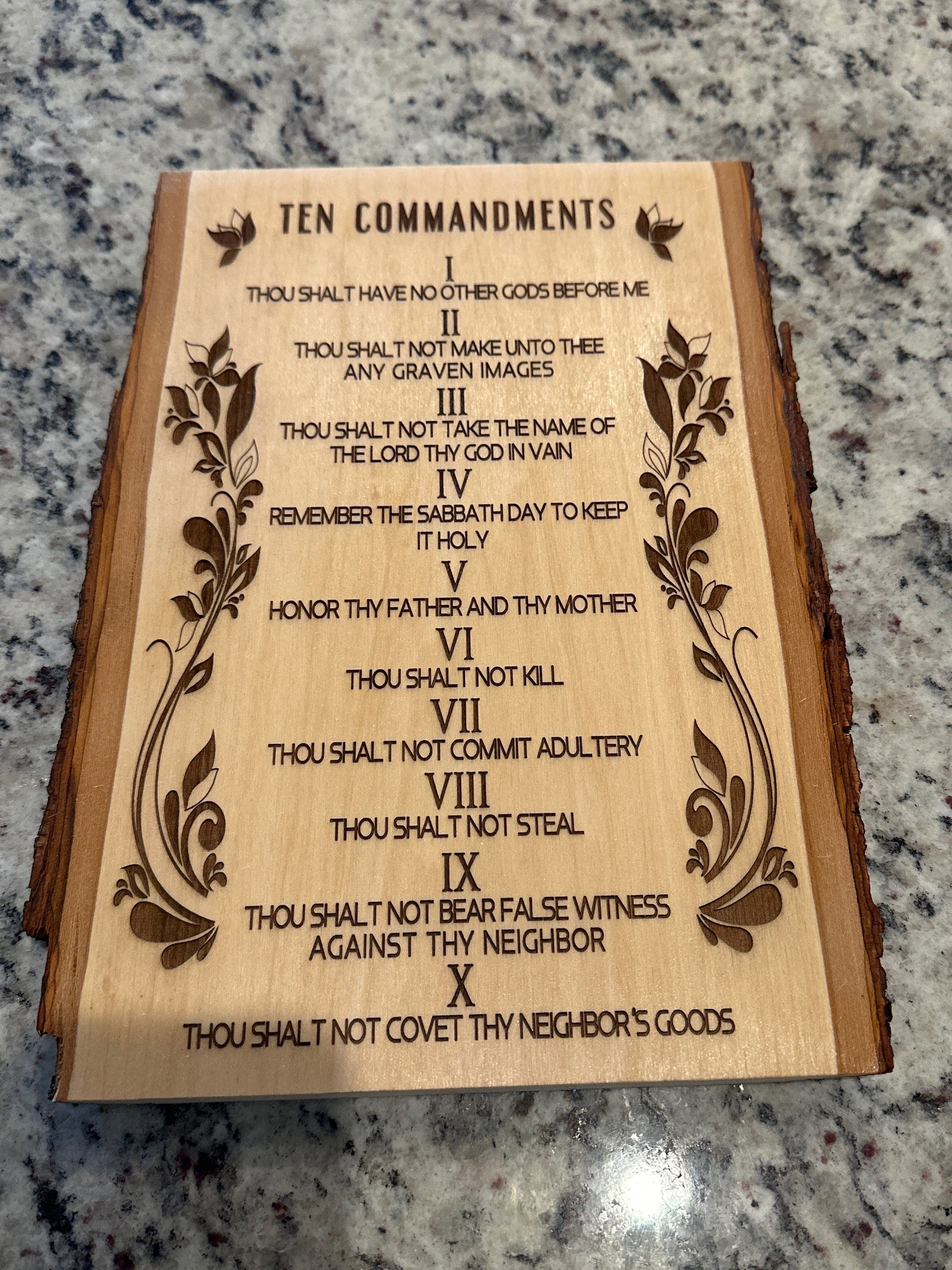 Ten Commandments Basswood live edge wall art hanging handmade wood engraved in English available in size 13” x 9” and 11” x 8”.