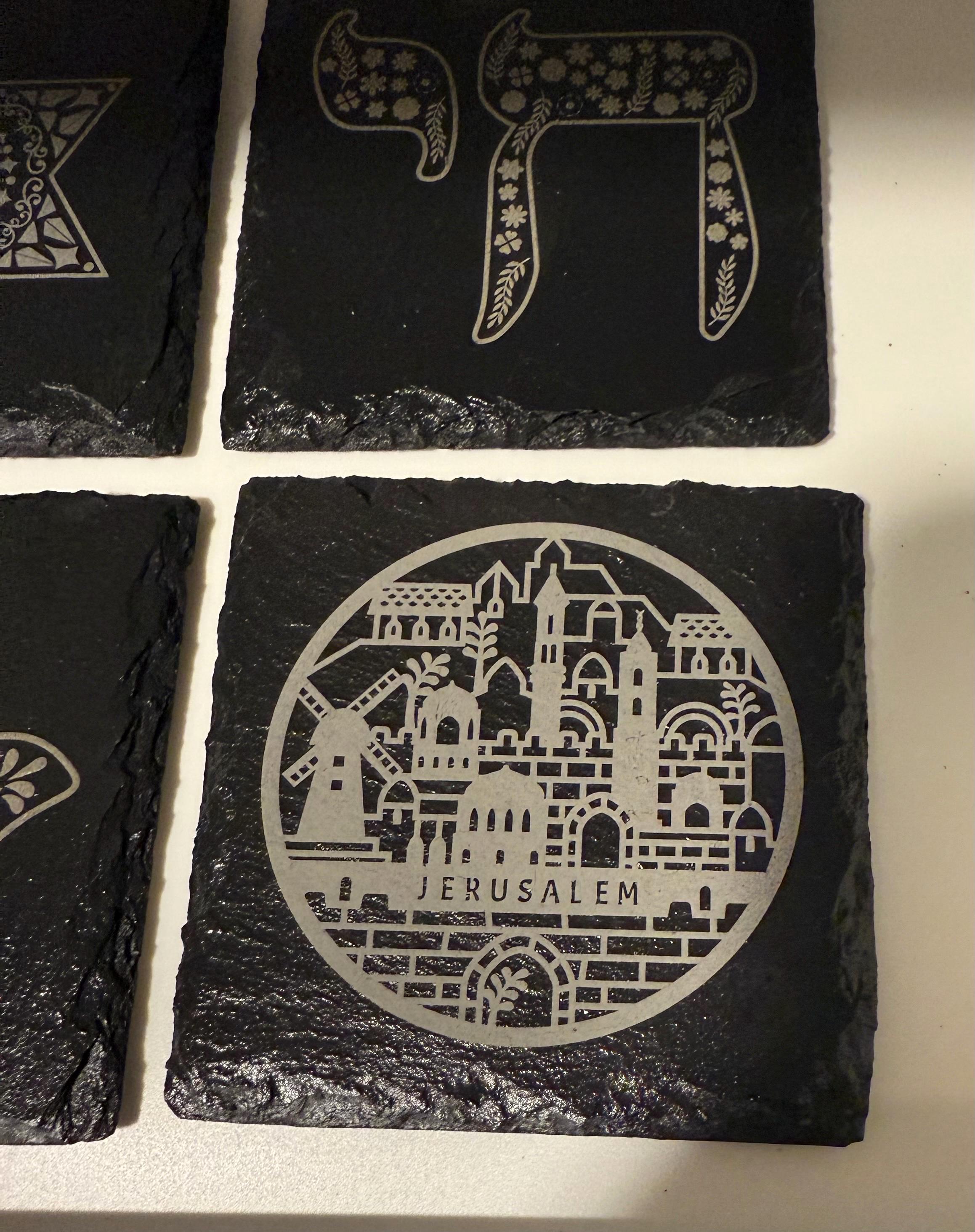 Natural Slate Stone Handmade Coaster Set with Star of David Chai Hamsa Hand and Jerusalem engraved
