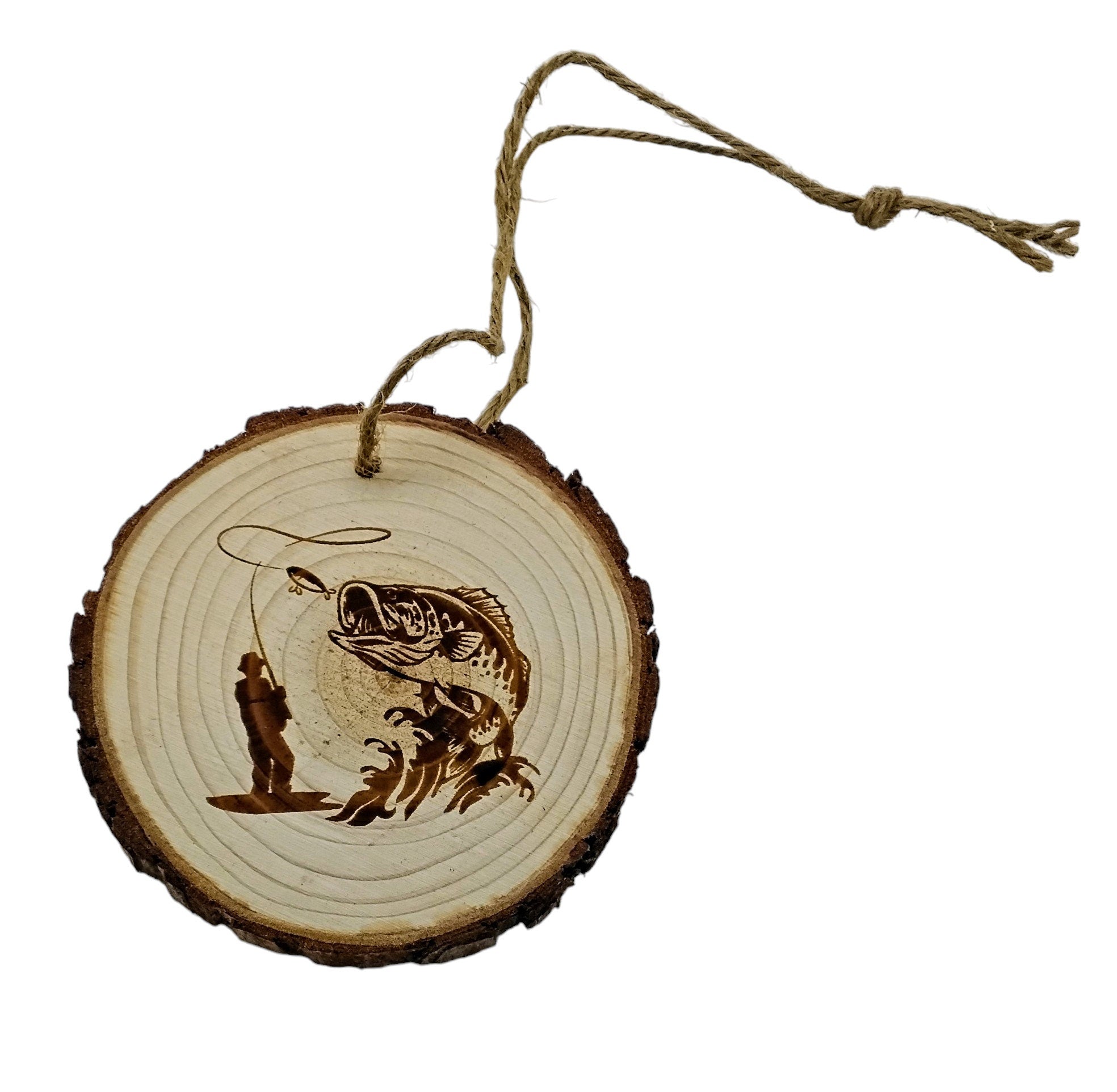 Rainbow trout fishing handmade engraved on natural pine wood slice with the bark great decoration for the Christmas tree comes gift boxed