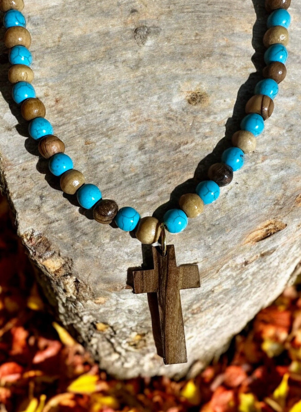 Bethlehem olive wood beads and turquoise beads necklace handmade with olive wood cross pendant comes gift boxed