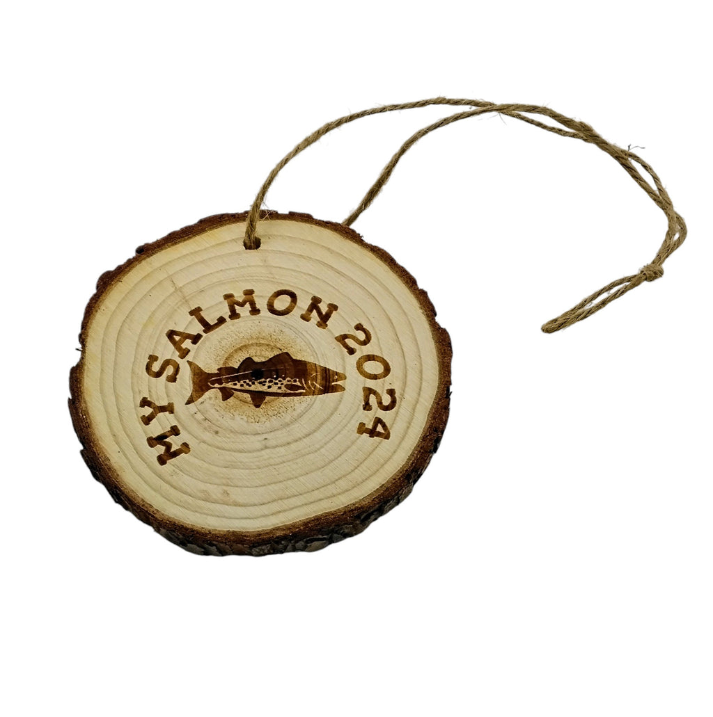 Salmon handmade engraved on natural pine wood slice with the bark great decoration for the Christmas tree comes ready to hung gift box