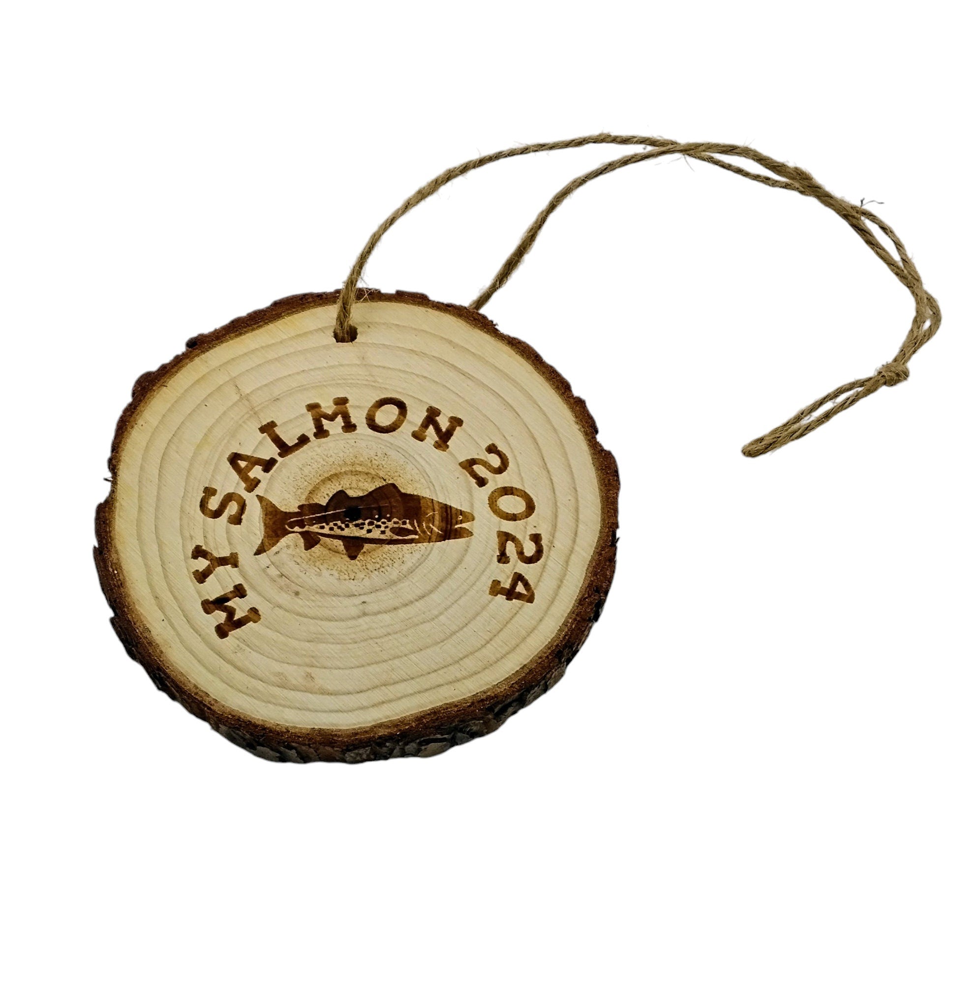 Salmon handmade engraved on natural pine wood slice with the bark great decoration for the Christmas tree comes ready to hung gift box