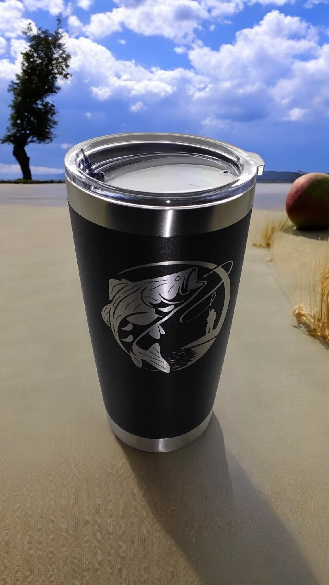 20oz Stainless Steel Tumbler with Lid engraved with Fishing travel mug gift