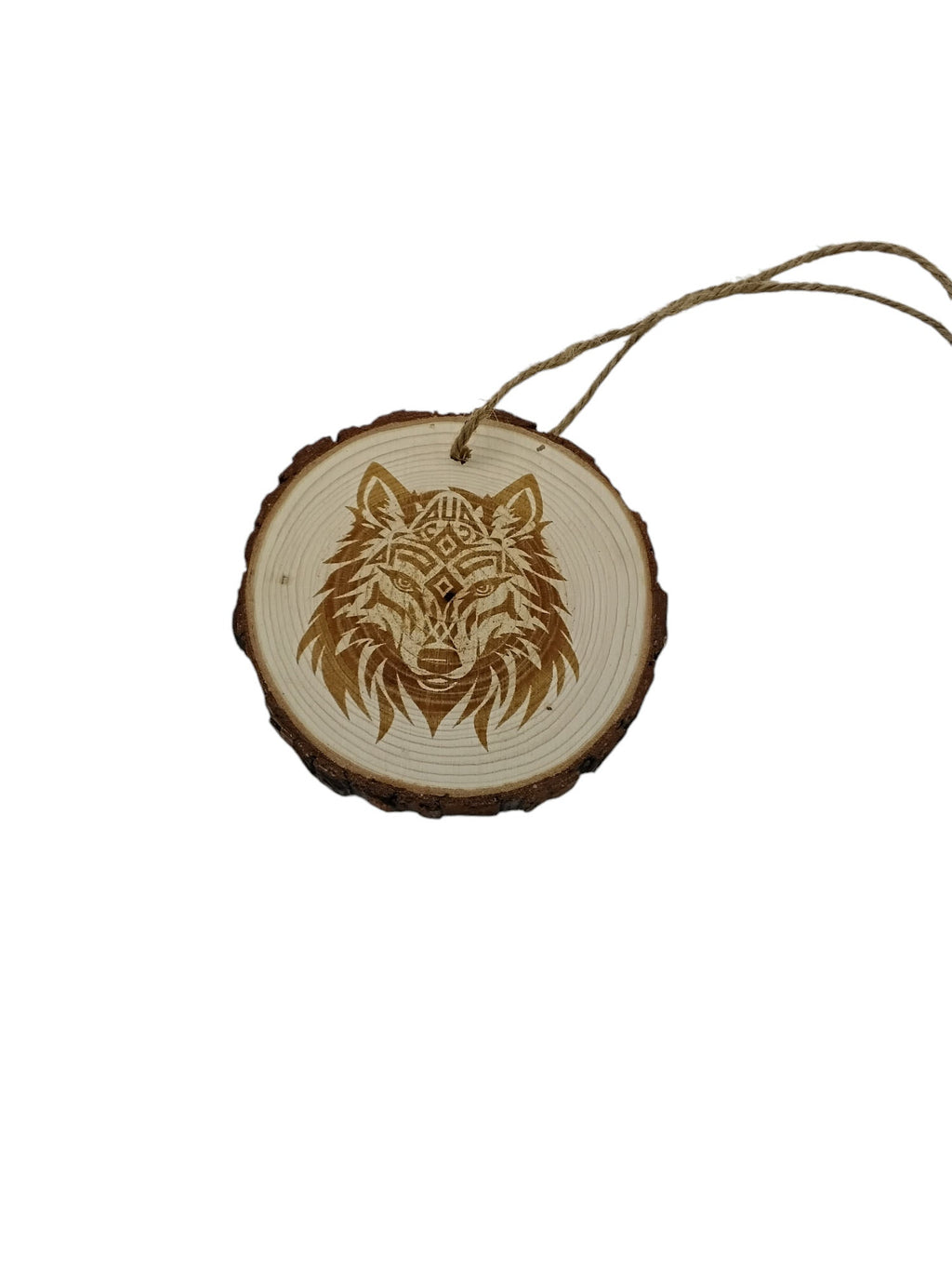 Wolf celtic handmade engraved on natural pine wood slice with the bark great decoration for the Christmas tree comes ready to be hung