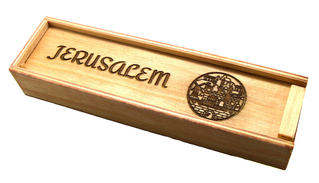 Olive wood from Israel hand turned pen with wooden gift box engraved with the city of Jerusalem