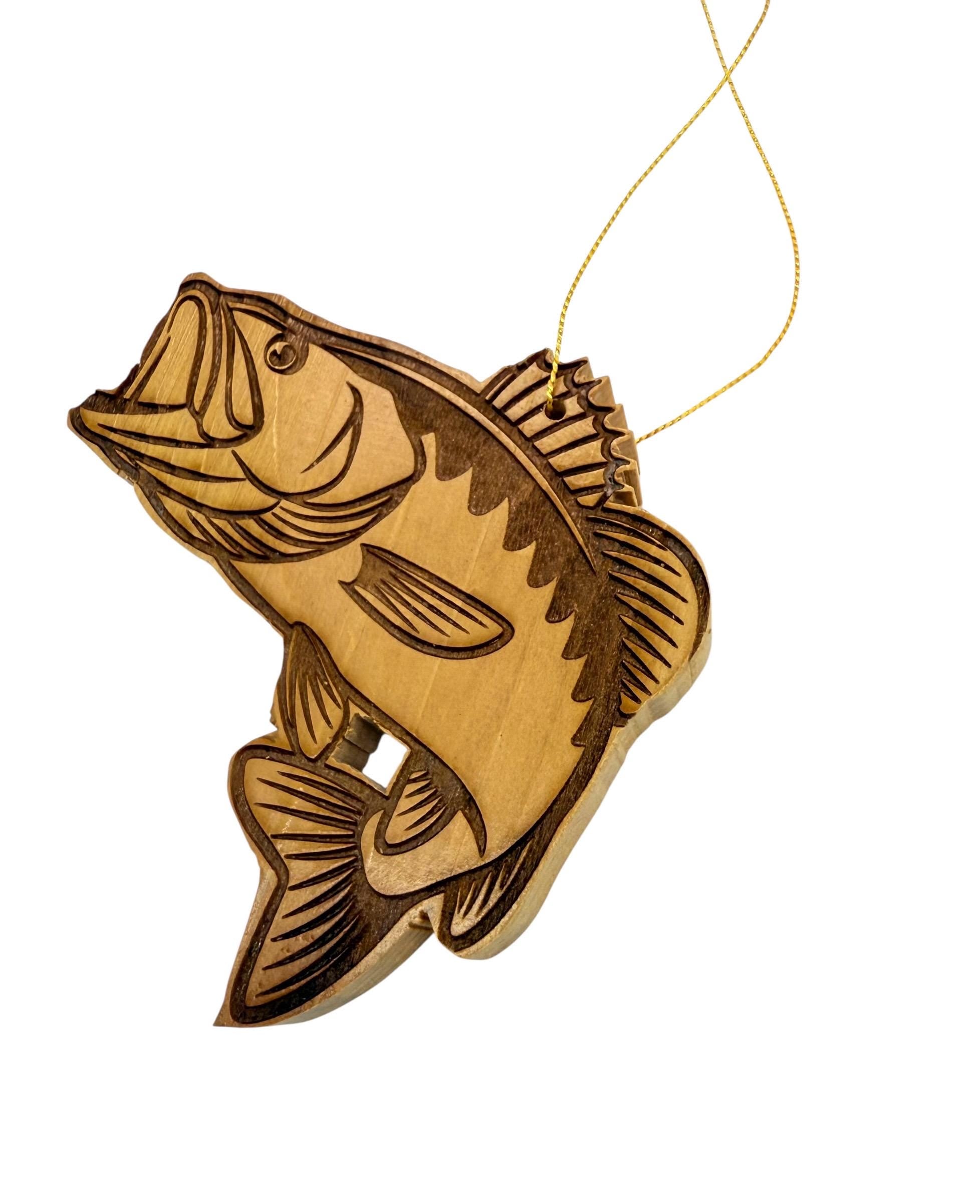 Wooden bass fish Christmas ornament hand crafted from cedar wood fishing gift personalized with your name engraved on the back