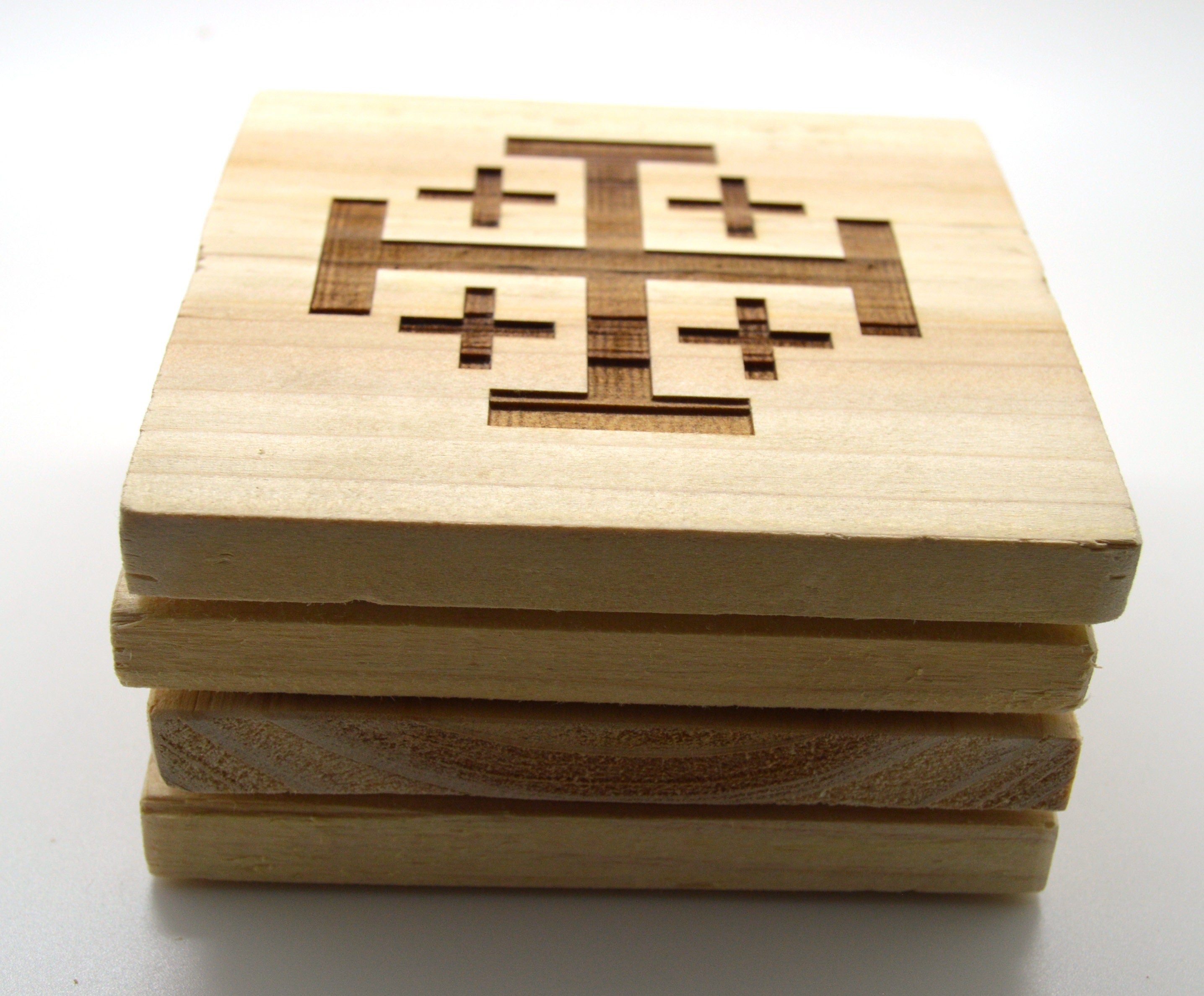 Jerusalem cross wooden coasters engraved on pine wood set of 4 coasters