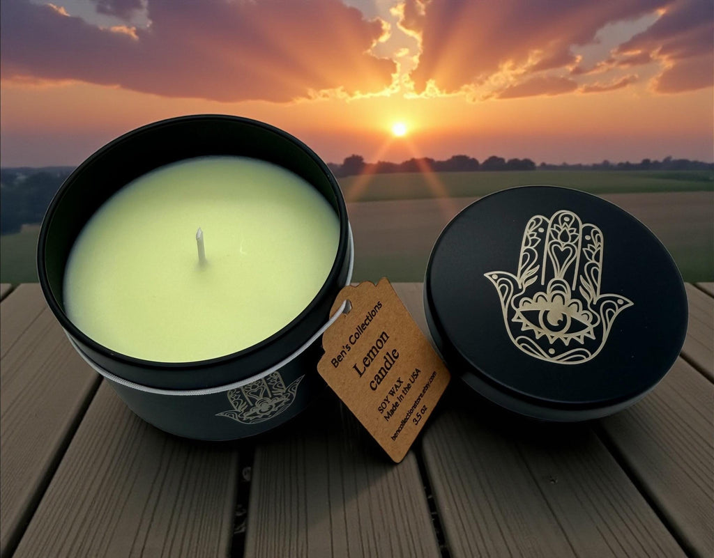 Handmade soy wax candle Hamsa hand protection Yoga Meditation engraved tin metal jar available in 3.5 oz or 7 oz. Personalization Available