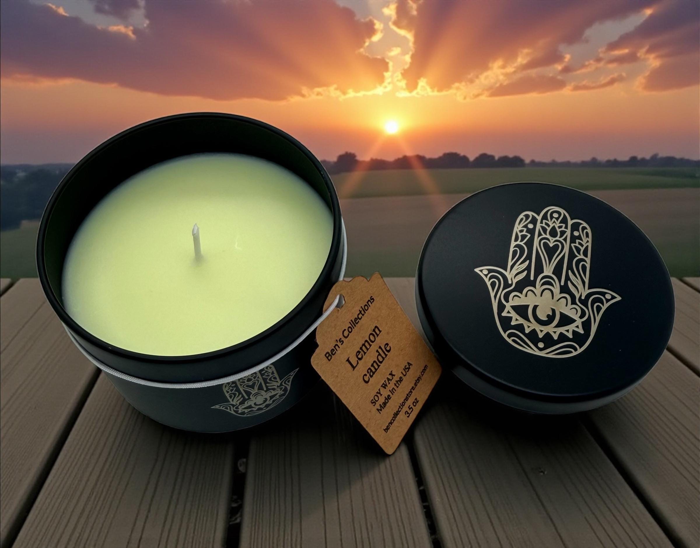 Handmade soy wax candle Hamsa hand protection Yoga Meditation engraved tin metal jar available in 3.5 oz or 7 oz. Personalization Available
