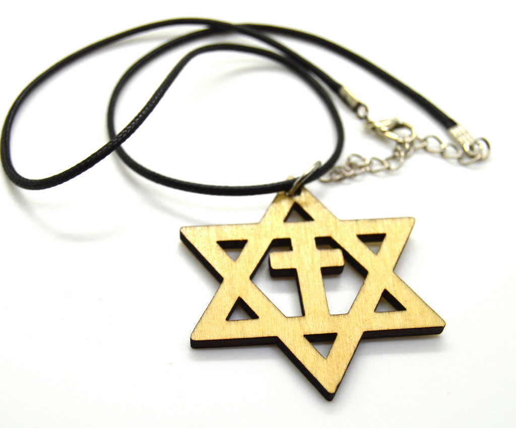 Star of David with the cross wooden Messianic Jewish pendant pendant Basswood or Walnut 18" necklace