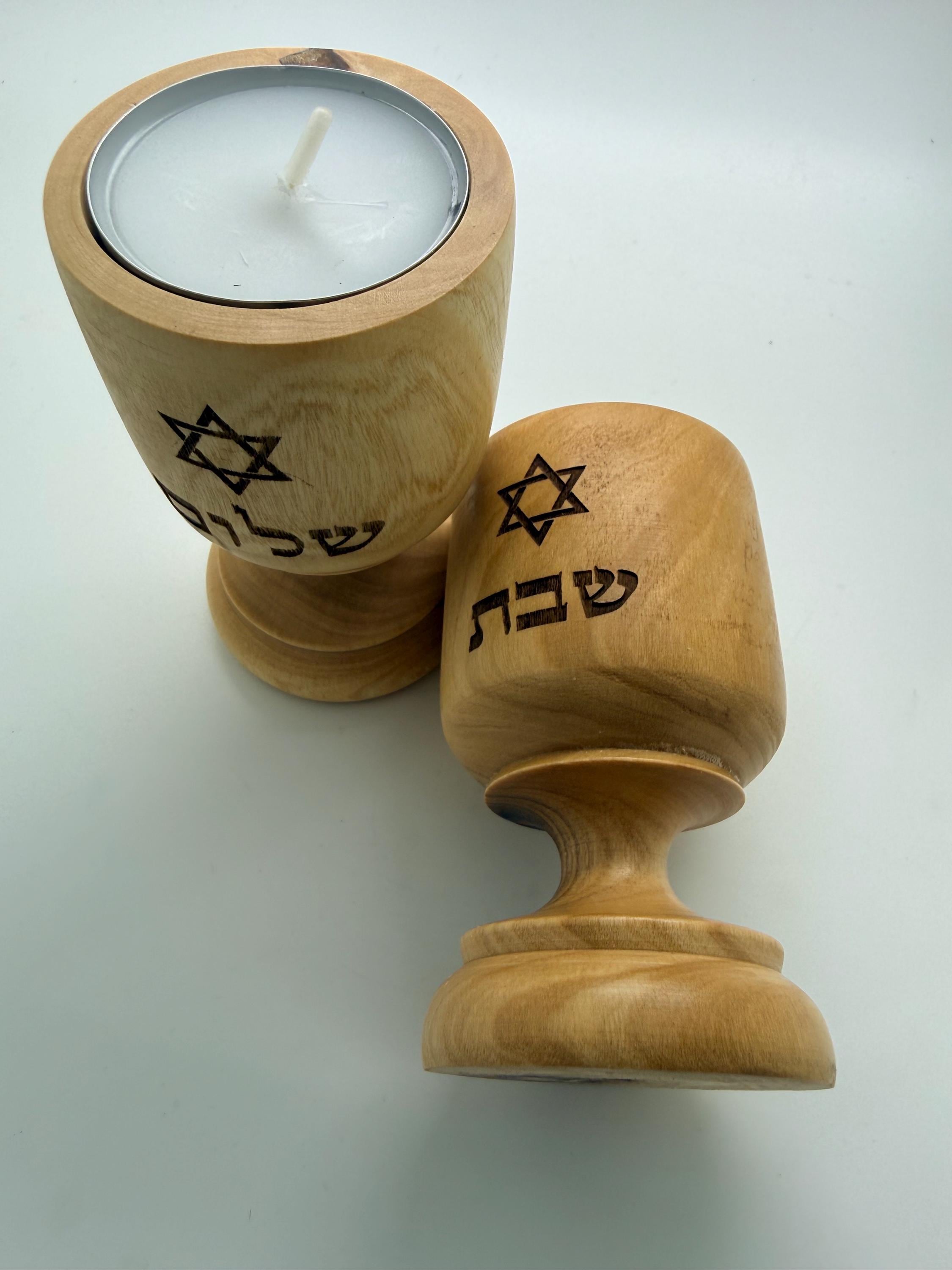 Shabbat Shalom in Hebrew engraved with Star of David Israel olive wood candle holders made for tea light candles Jewish gift handmade