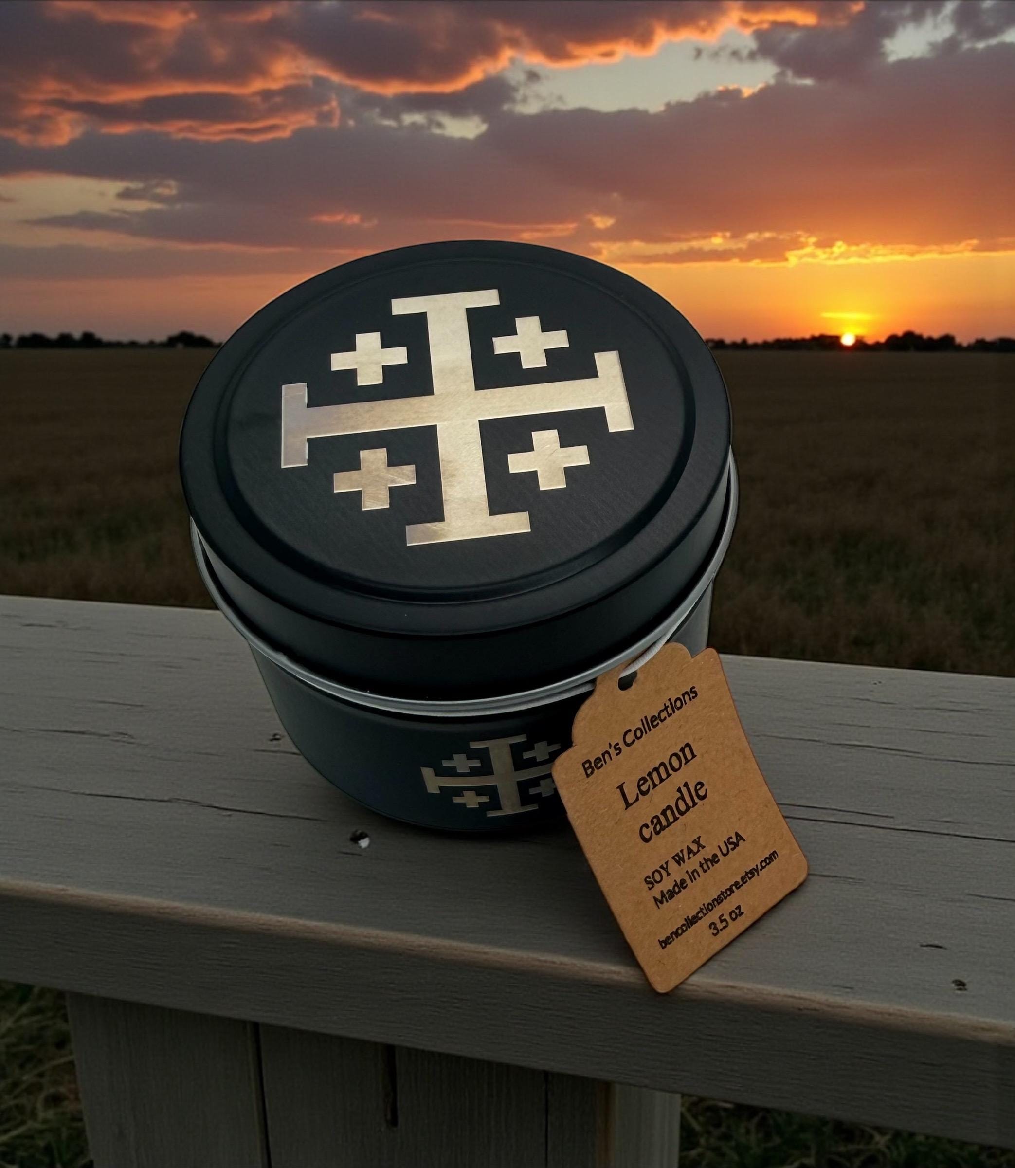 Handmade soy wax candle Jerusalem cross engraved tin metal jar available in 3.5 oz or 7 oz. Personalization Available