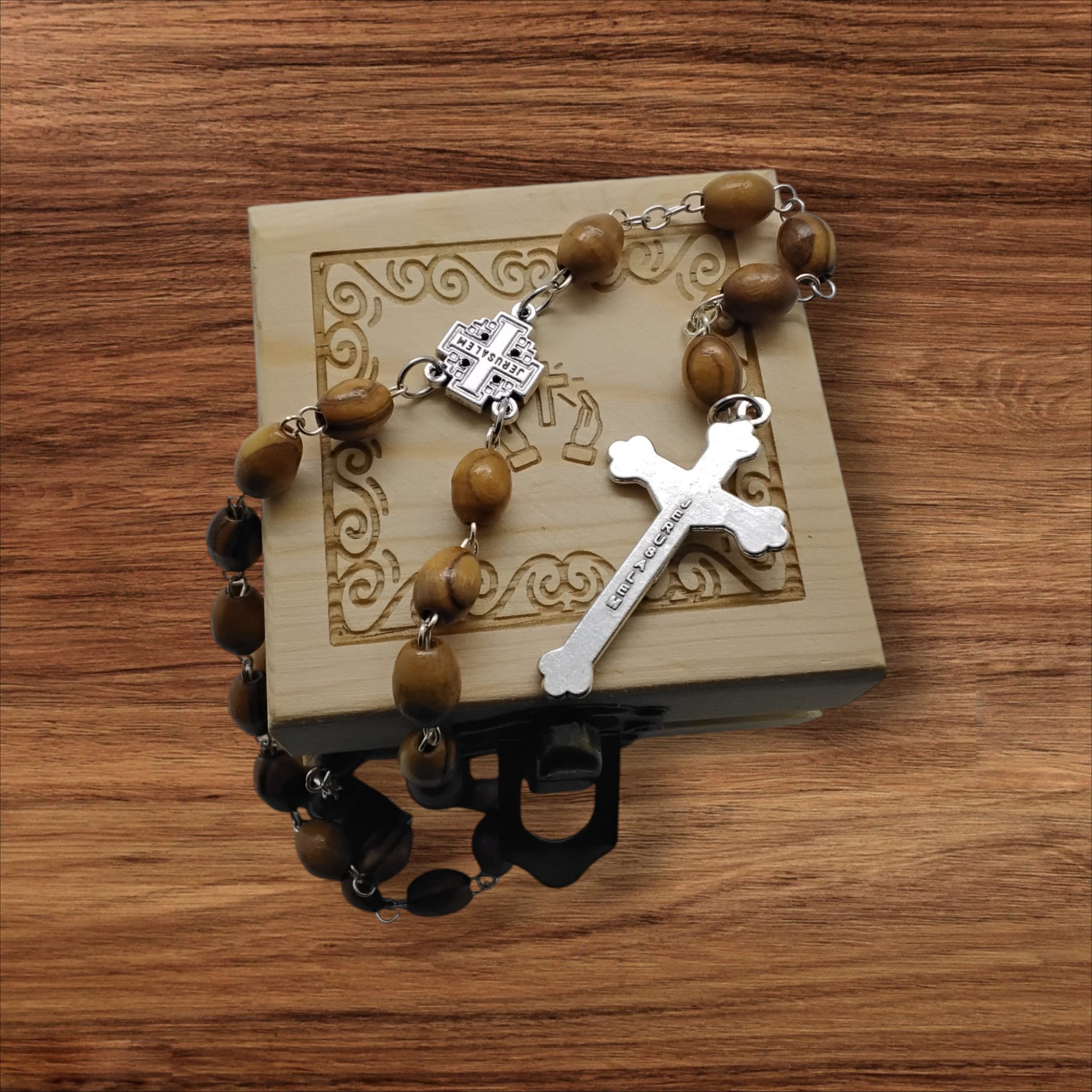 Bethlehem olive wood rosary beads necklace with the Jerusalem cross centrepiece and wooden pinewood handmade engraved