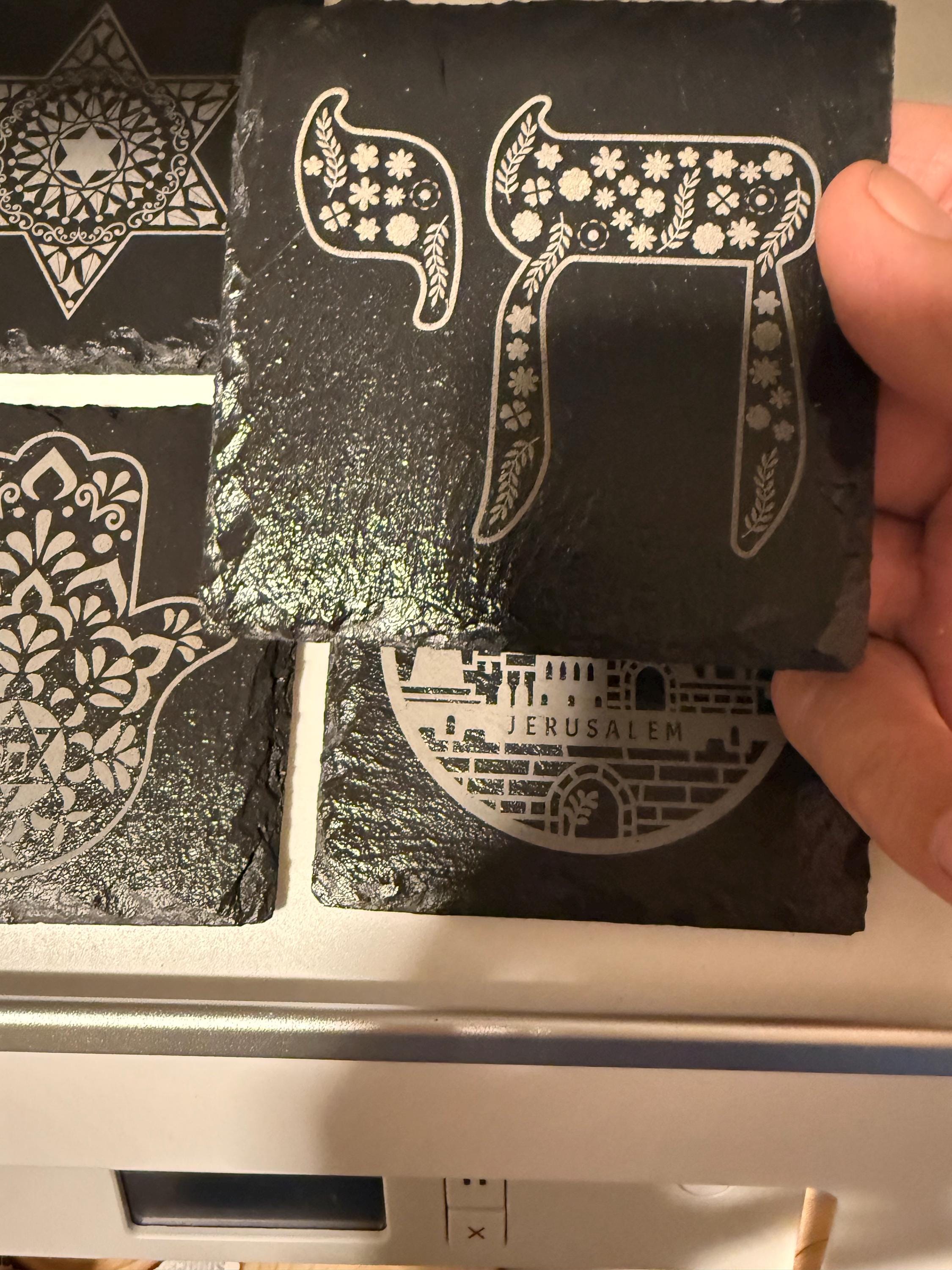 Natural Slate Stone Handmade Coaster Set with Star of David Chai Hamsa Hand and Jerusalem engraved