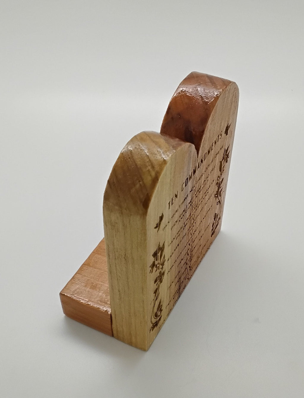 The Ten Commandments handmade engraved in English or Hebrew with the menorah on cedar wood table top desk or bookcase display.