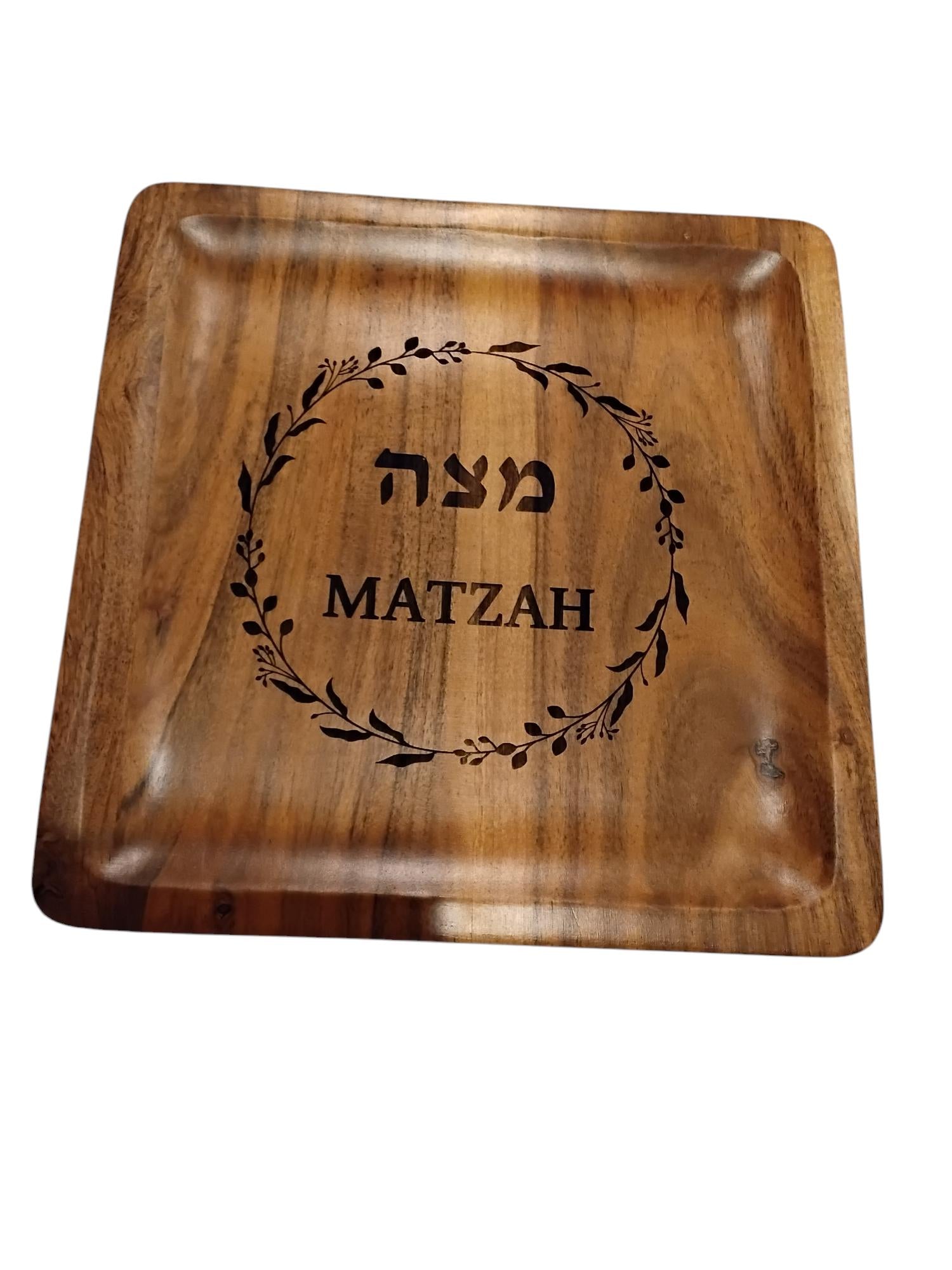 Passover Matzah plate handmade from acacia wood engraved in Hebrew and English size 10 inches