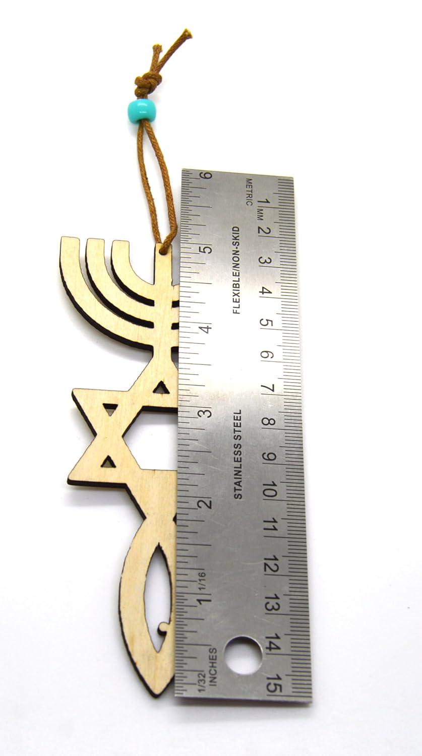 Messianic Seal Grafted In Israel Star of David Menorah and Fish cutout basswood 5" long x 2" gift boxed home decor wall hanging ornament