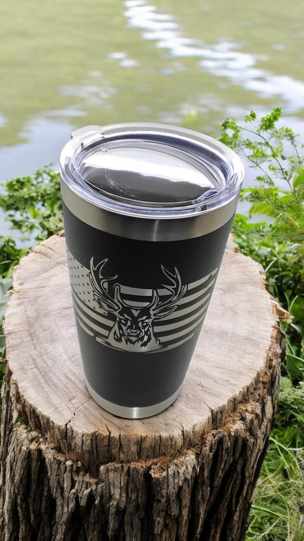 20oz Stainless Steel Tumbler with Lid engraved US Flag Deer Hunting travel mug