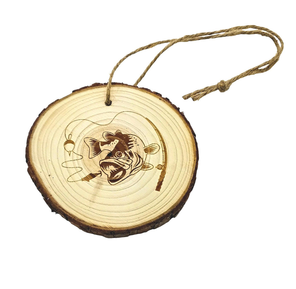 Bass fishing handmade engraved on natural pine wood slice with the bark great decoration for the Christmas tree comes ready to hung gift box