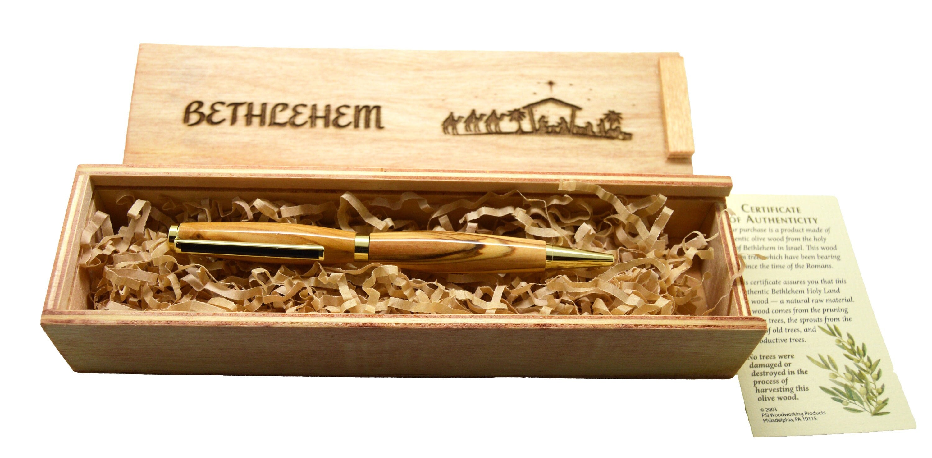 Olive wood from Bethlehem Israel hand turned pen with wooden gift box engraved Bethlehem Nativity Holy Family