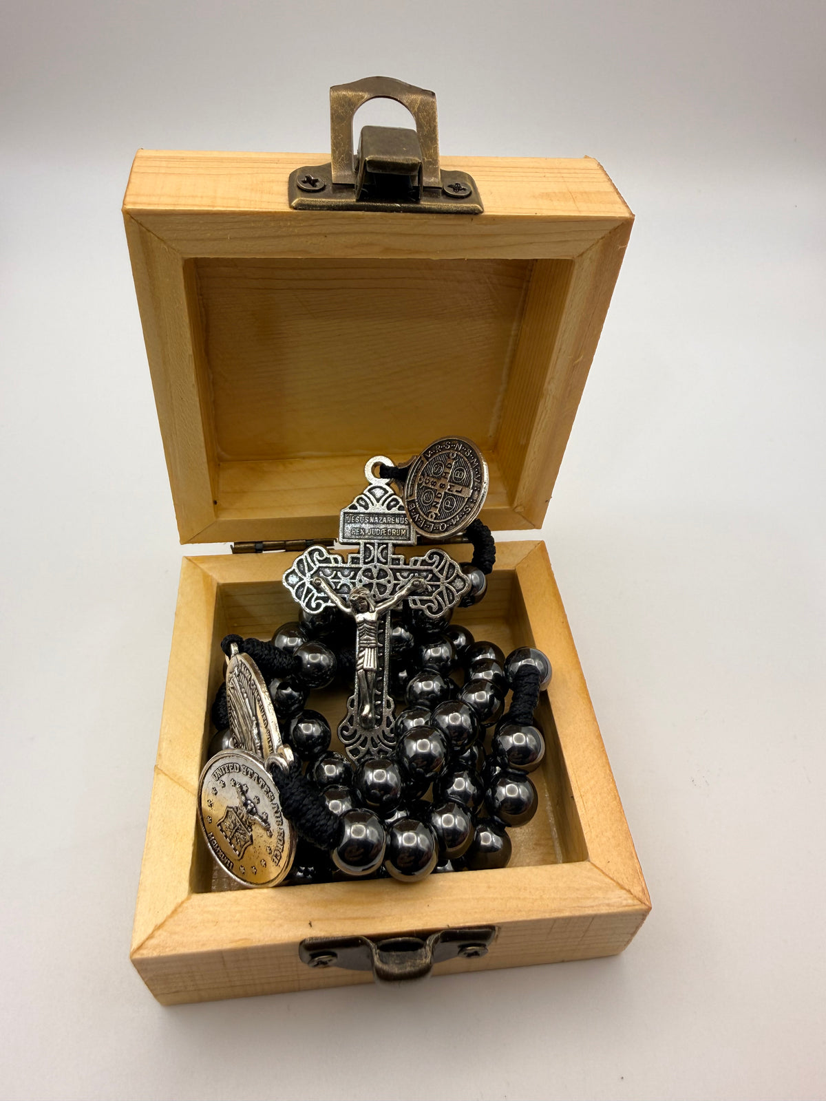 United States air force rosary beads with engraved wooden rosary box