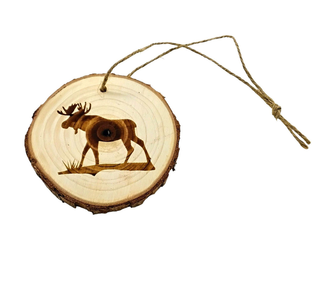 Moose handmade engraved on natural pine wood slice with the bark great decoration for the Christmas tree comes ready to hung gift box