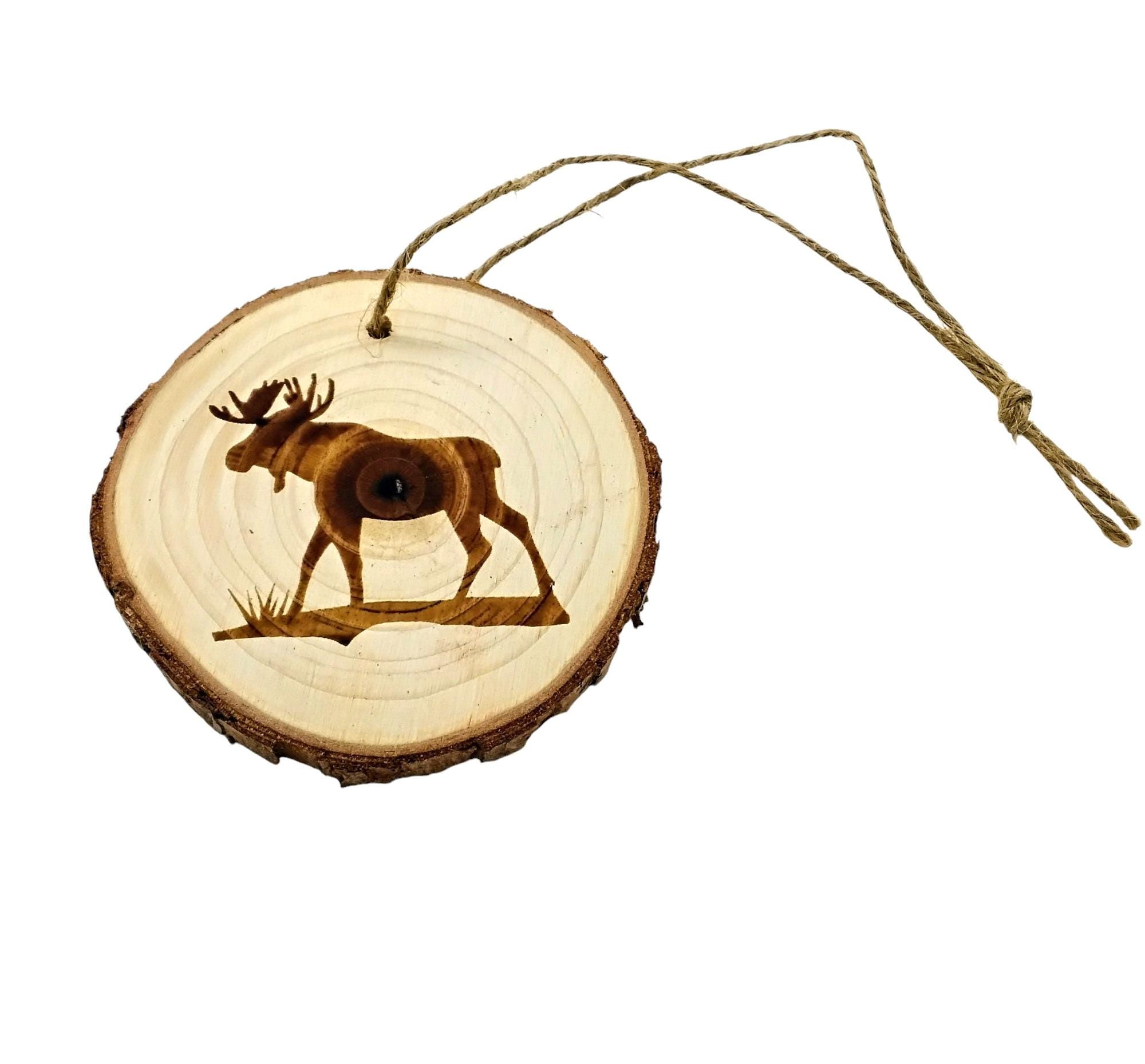 Moose handmade engraved on natural pine wood slice with the bark great decoration for the Christmas tree comes ready to hung gift box
