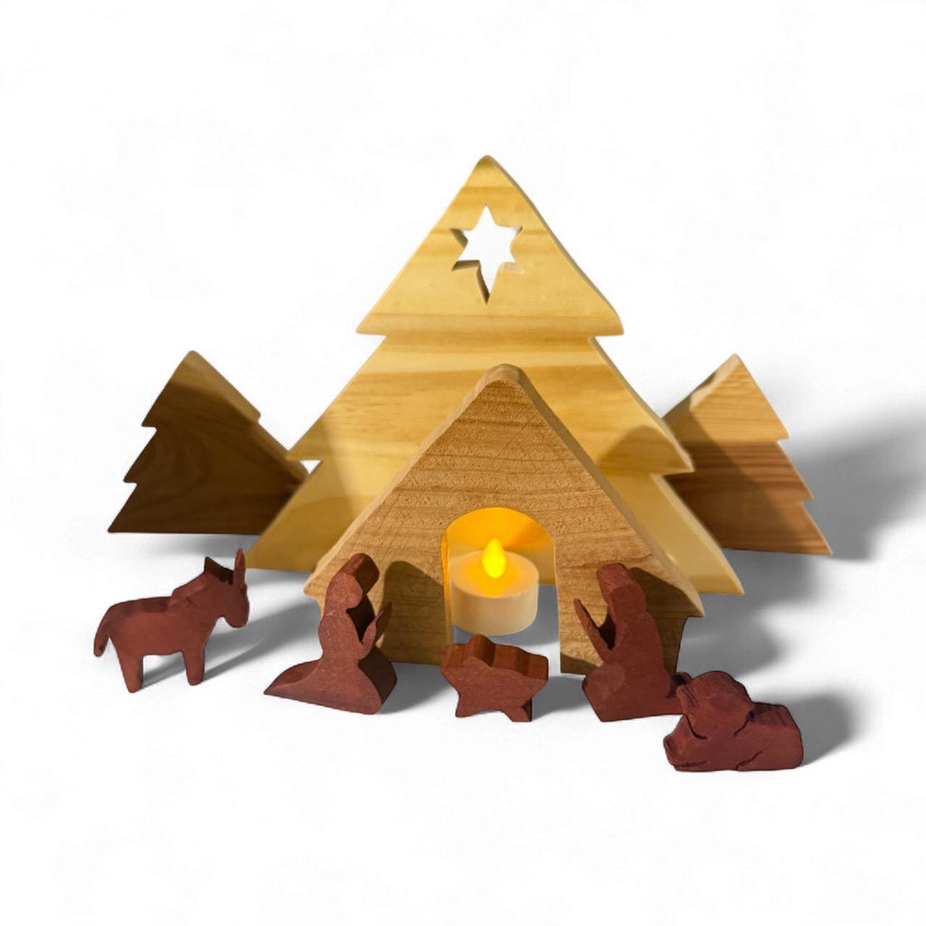 Nativity scene hand carved from cedar and pine wood with tea light LED candle Christmas holiday celebration