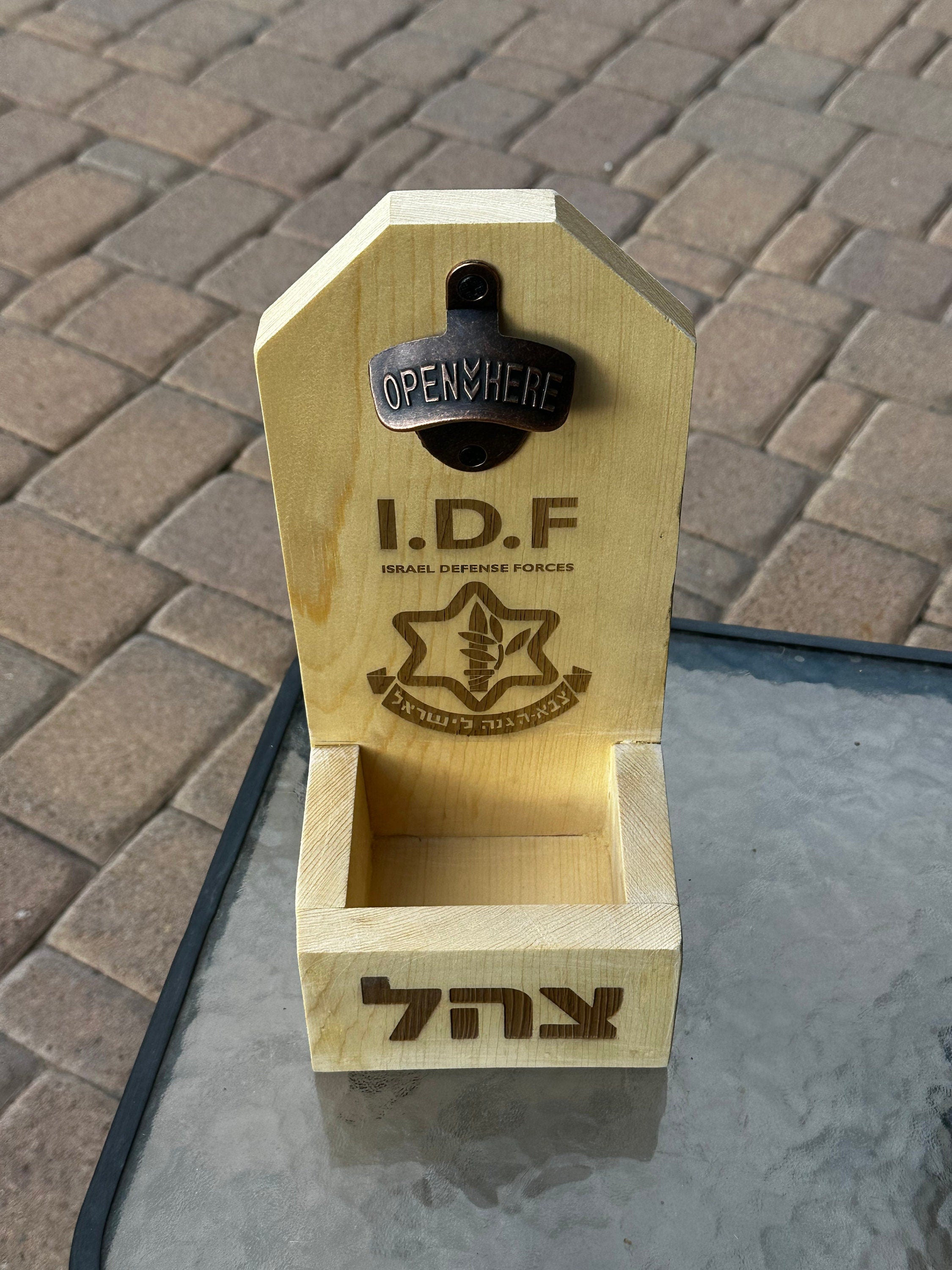 Wooden beer bottle opener handmade with Hebrew IDF Israel defense forces
