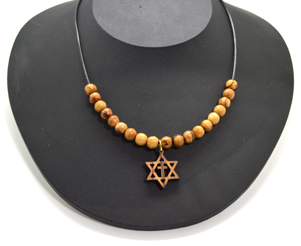 Star of David with the cross olive wood pendant handmade necklace with olive wood beads 18" gift boxed