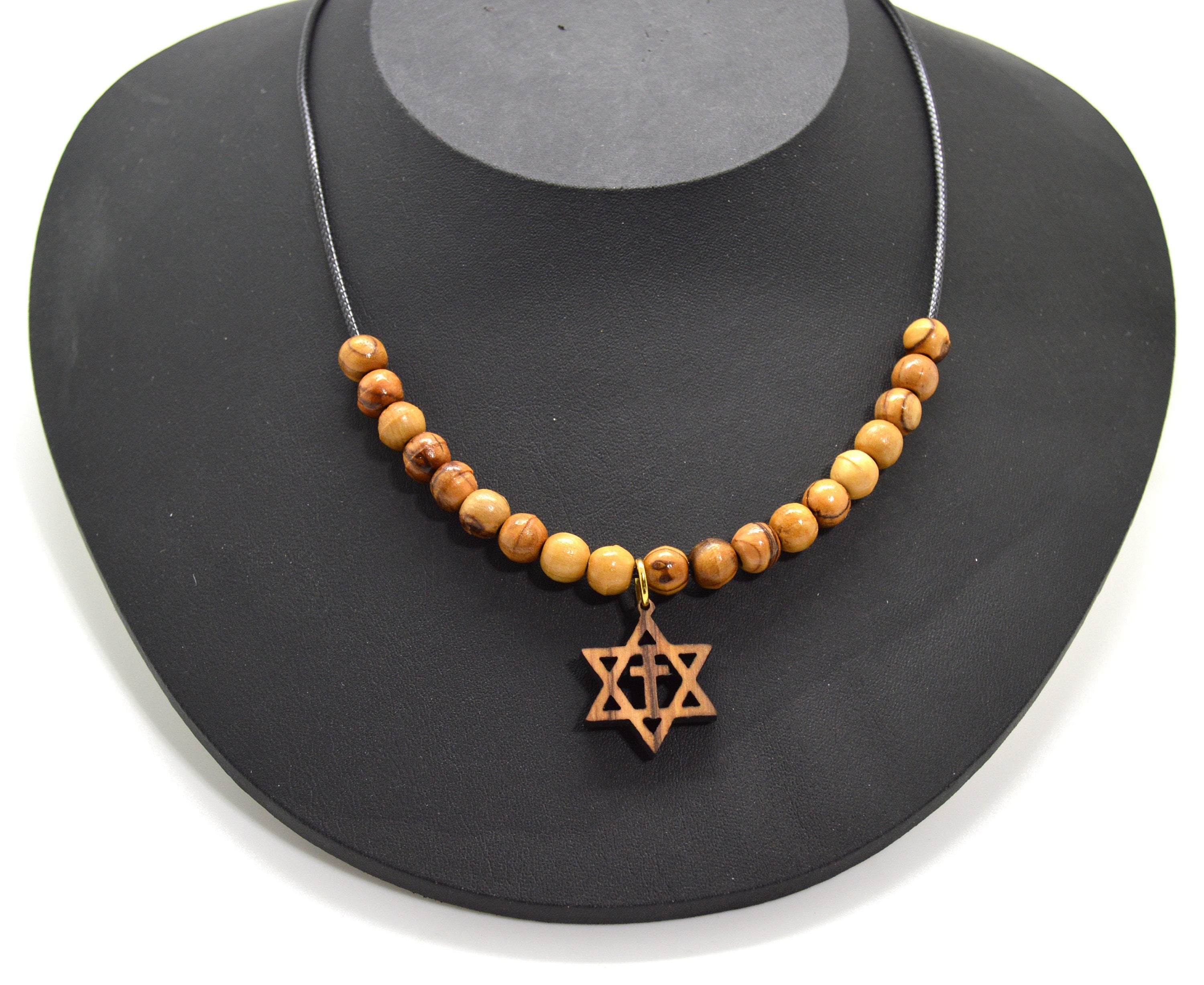 Star of David with the cross olive wood pendant handmade necklace with olive wood beads 18" gift boxed