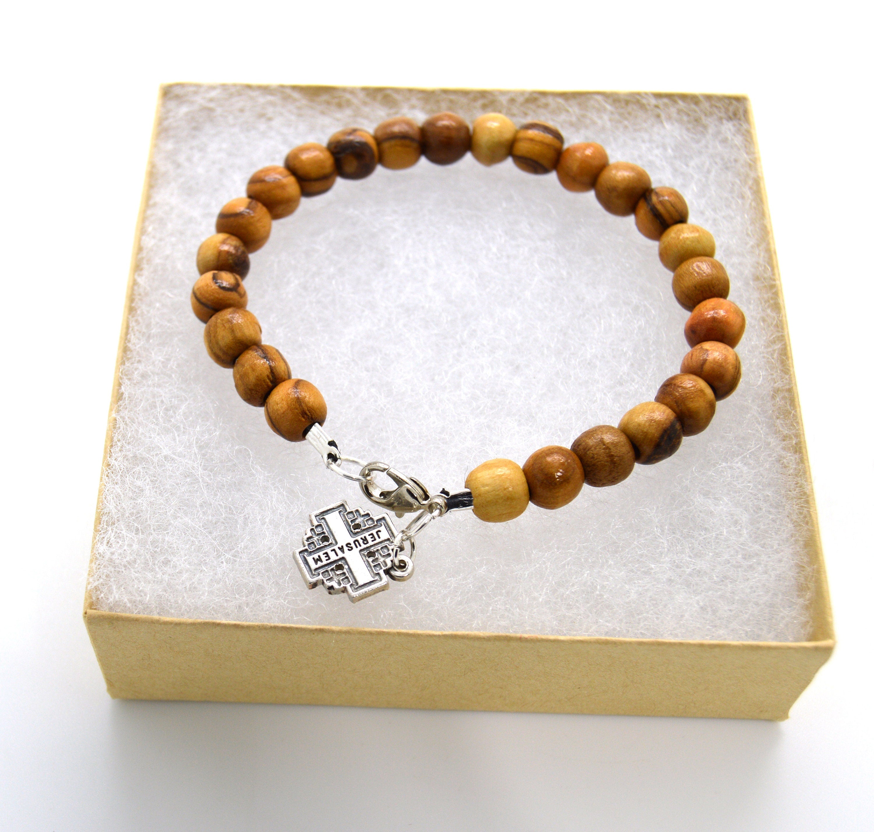 Olive wood bracelet handmade from 8 mm beads with Hebrew Chai, Jerusalem cross, Star of David or Heart charm gift boxed