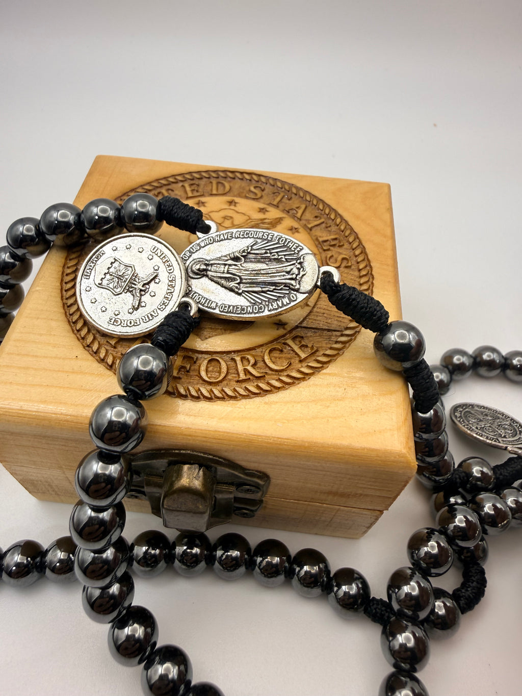 United States air force rosary beads with engraved wooden rosary box