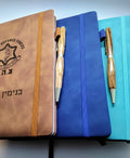 Notebook Journal engraved with Jerusalem or IDF logo in Hebrew and English with your name personalized in Hebrew and handmade wooden pen