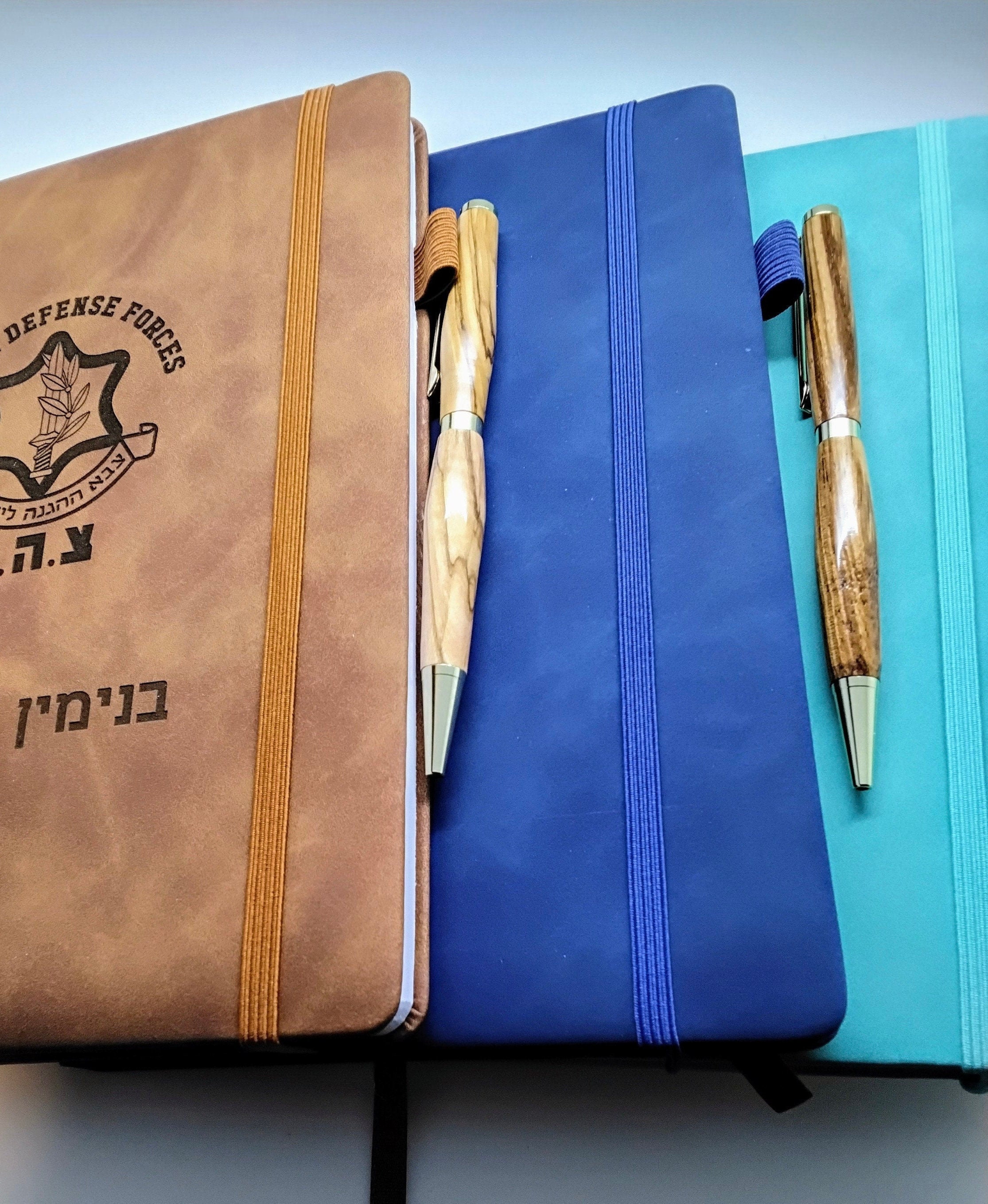 Notebook Journal engraved with Jerusalem or IDF logo in Hebrew and English with your name personalized in Hebrew and handmade wooden pen