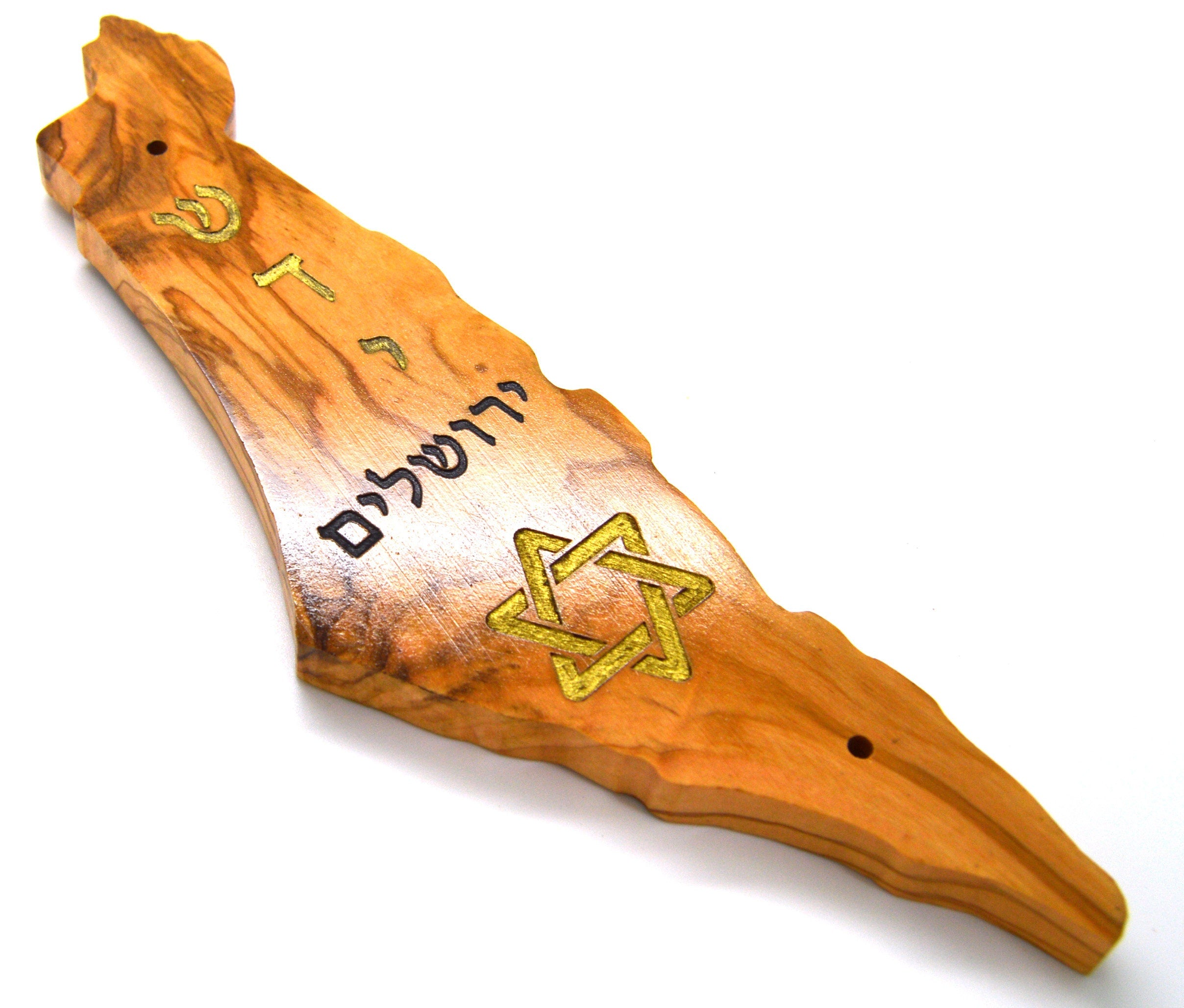 Olive wood Mezuzah Israel shape cutout with non Kosher scroll and engraved with the Shadi God Name Jerusalem and Star of David hand painted.