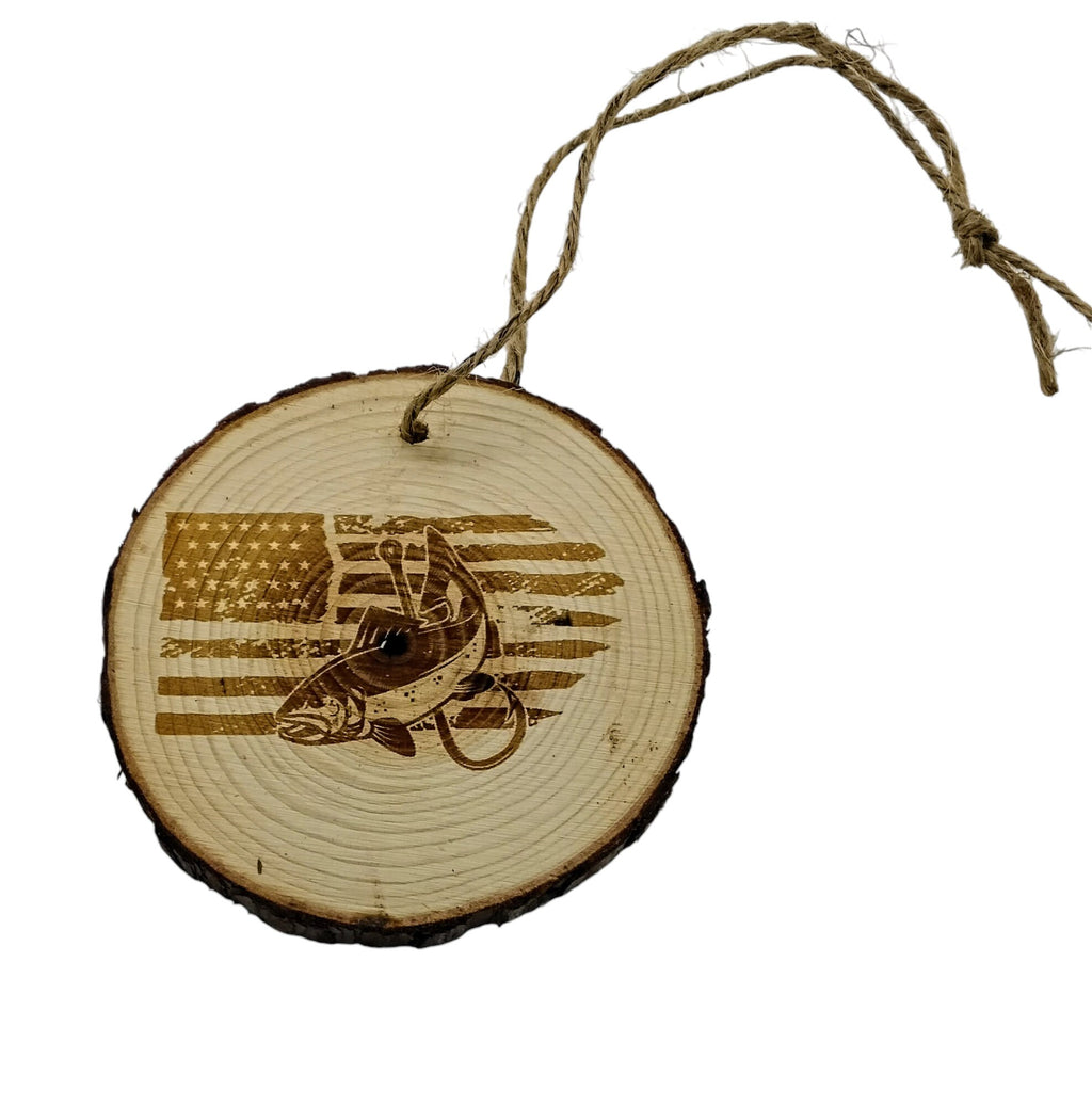 Rainbow trout fishing handmade engraved on natural pine wood slice with the bark great decoration for the Christmas tree comes gift boxed
