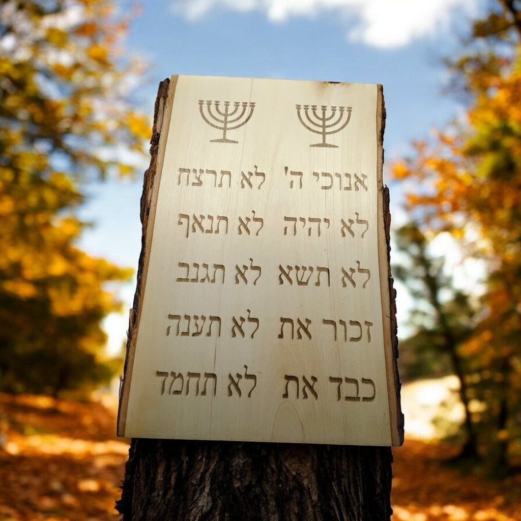 Ten Commandments Basswood live edge wall art hanging handmade wood engraved in Hebrew 11” x 8”.