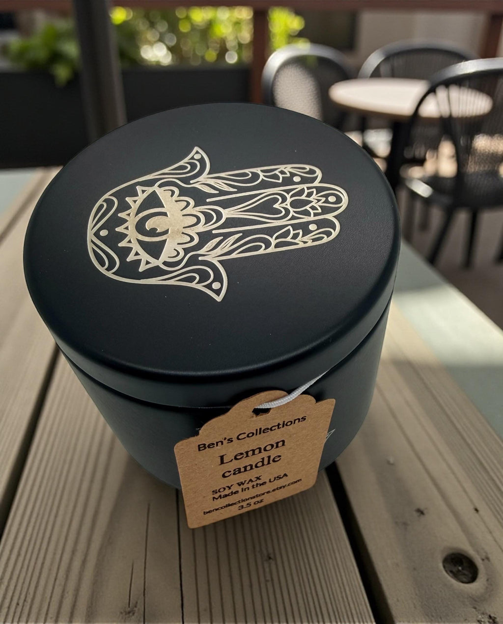 Handmade soy wax candle Hamsa hand protection Yoga Meditation engraved tin metal jar available in 3.5 oz or 7 oz. Personalization Available