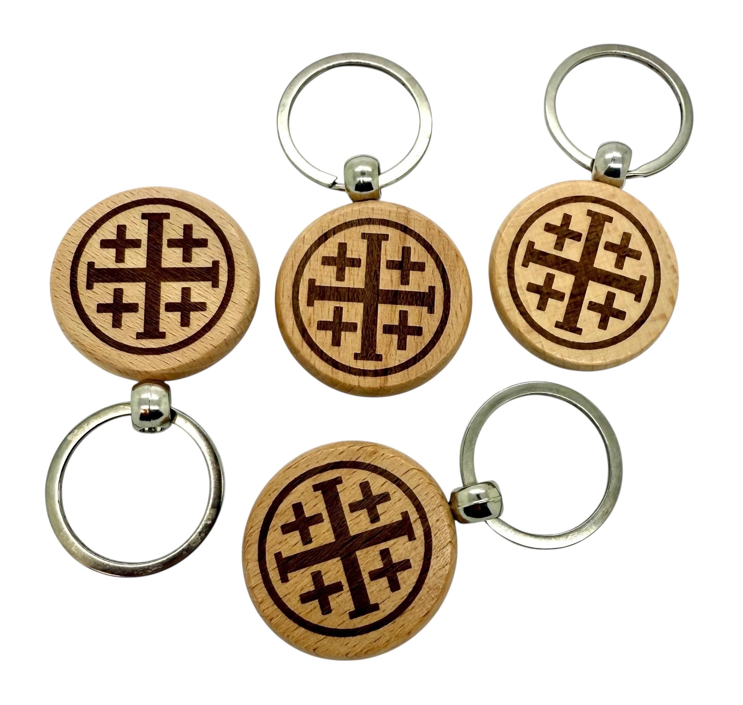 Jerusalem cross set of 4 Keychains Key Holder wooden engraved on both sides