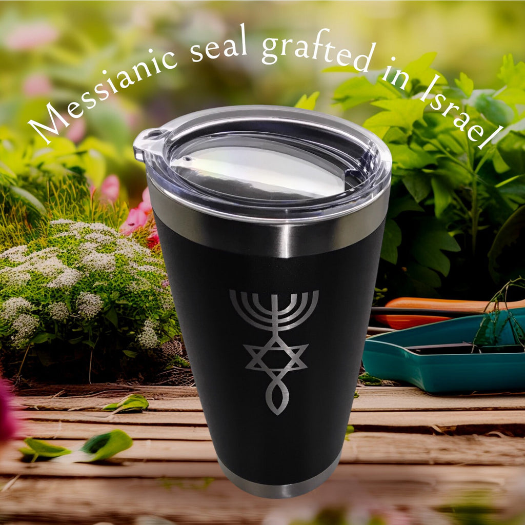 20oz Stainless Steel Tumbler w Lid engraved Messianic Seal grafted In Israel Star of David Menorah and fish travel mug