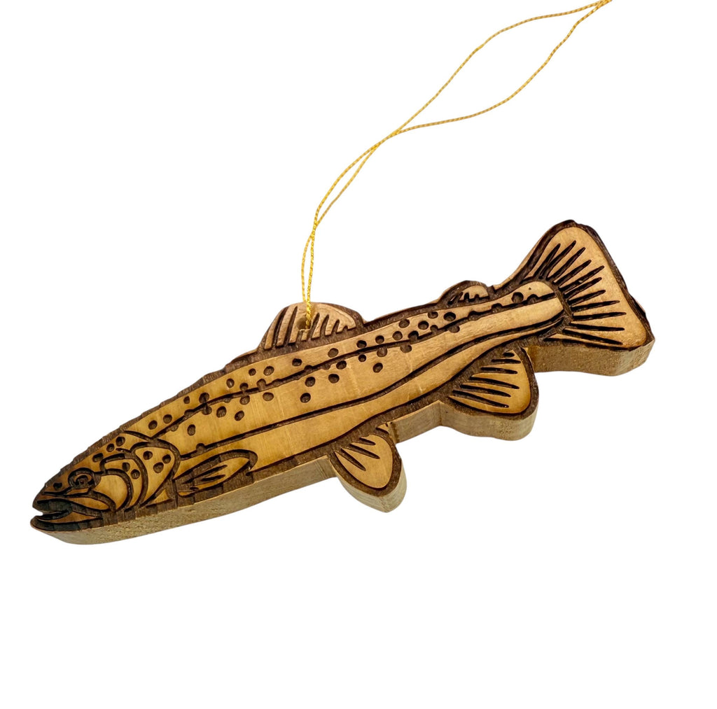 Wooden rainbow trout fish Christmas ornament hand crafted from cedar wood fishing gift personalized with your name engraved on the back