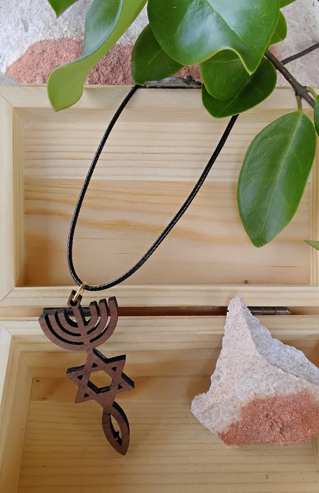 Star of David Menorah and fish grafted in messianic wooden walnut pendant with 20" necklace Jewish Christian jewelry
